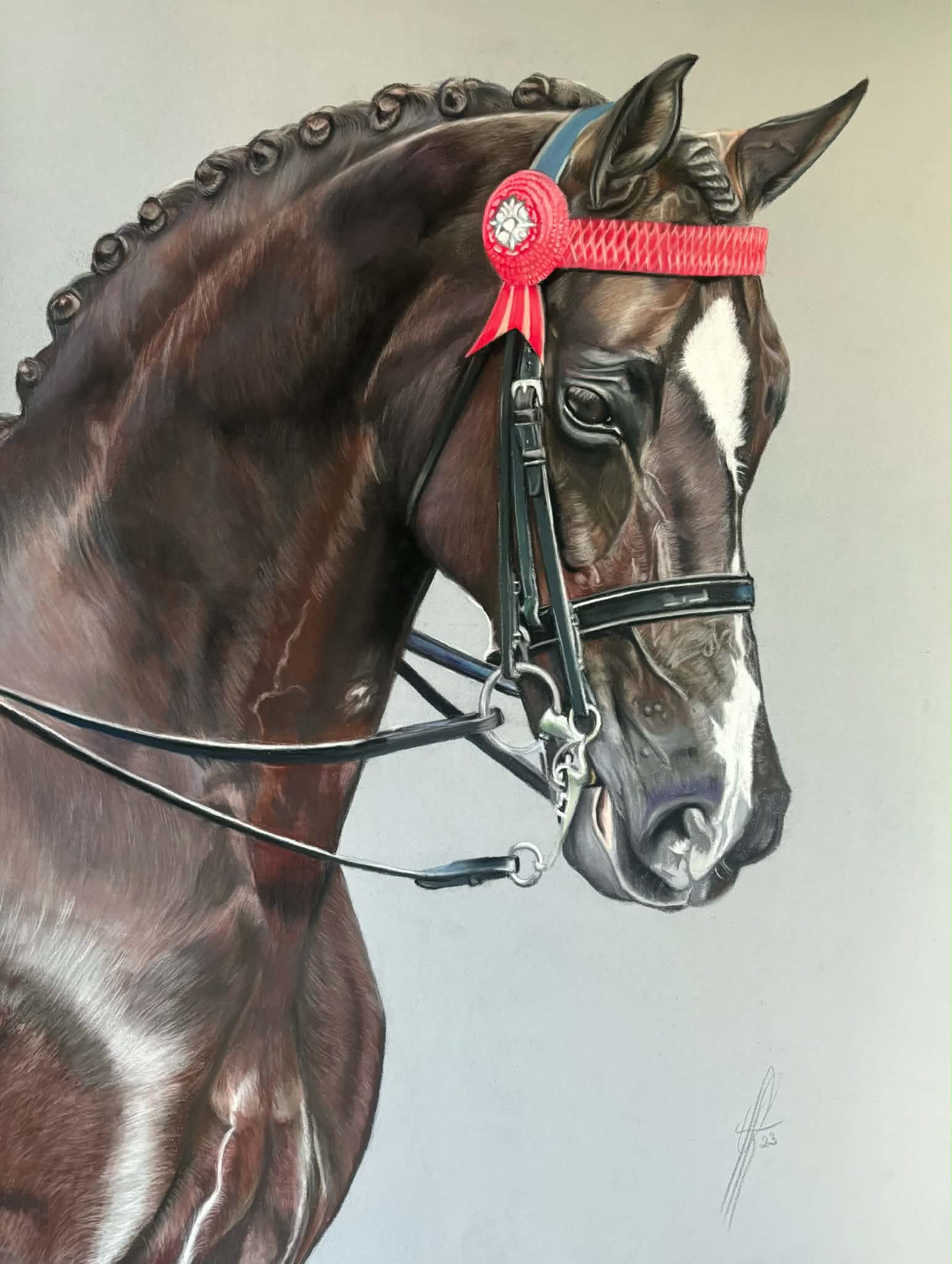 Pastel portrait of a bay horse wearing a red rosette