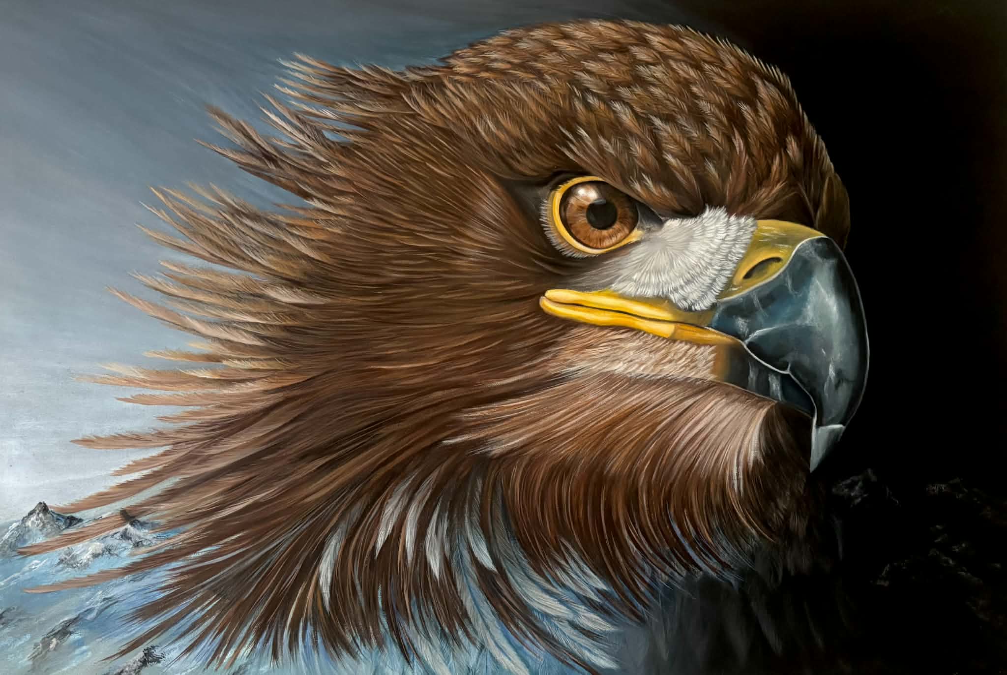 Pastel portrait of a golden eagle against a mountain backdrop