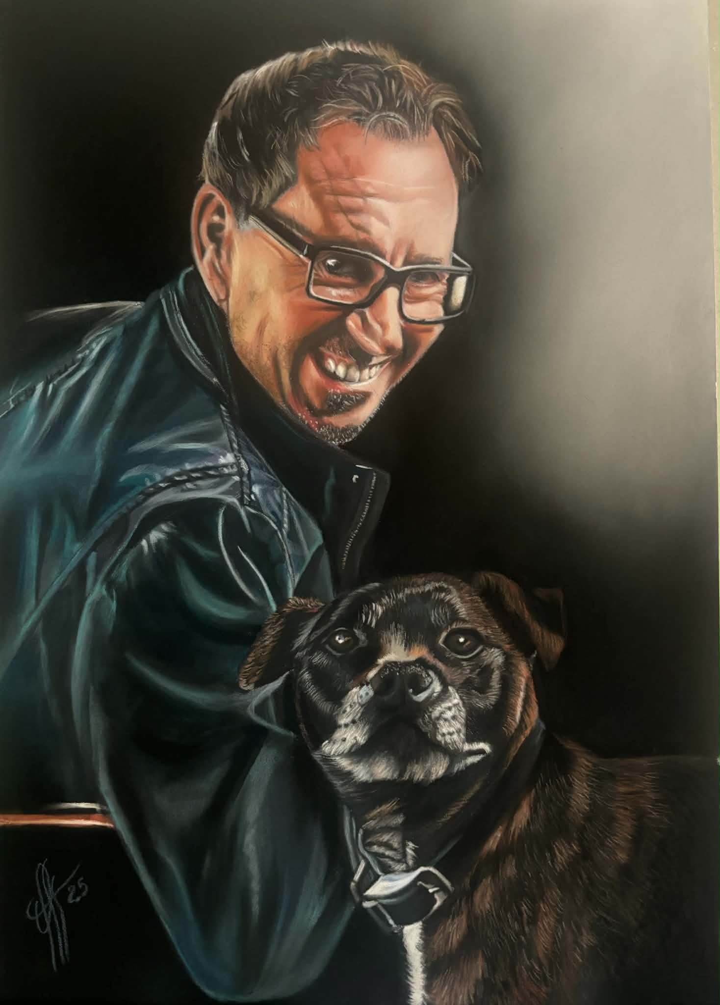 Pastel portrait of a man smiling with his arm around his dog
